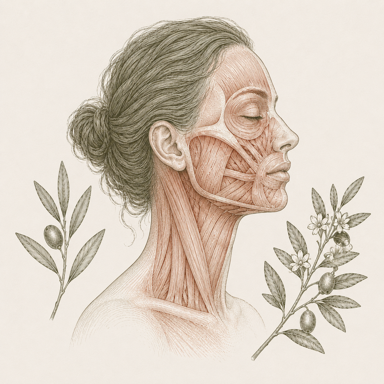 Ilustração anatómica dos músculos faciais, estilo gravura científica